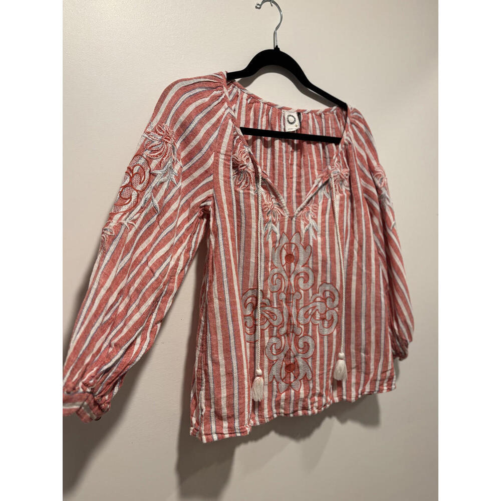 Anthropologie Striped Embroidered Boho Blouse Tassels XS - Picture 2 of 7